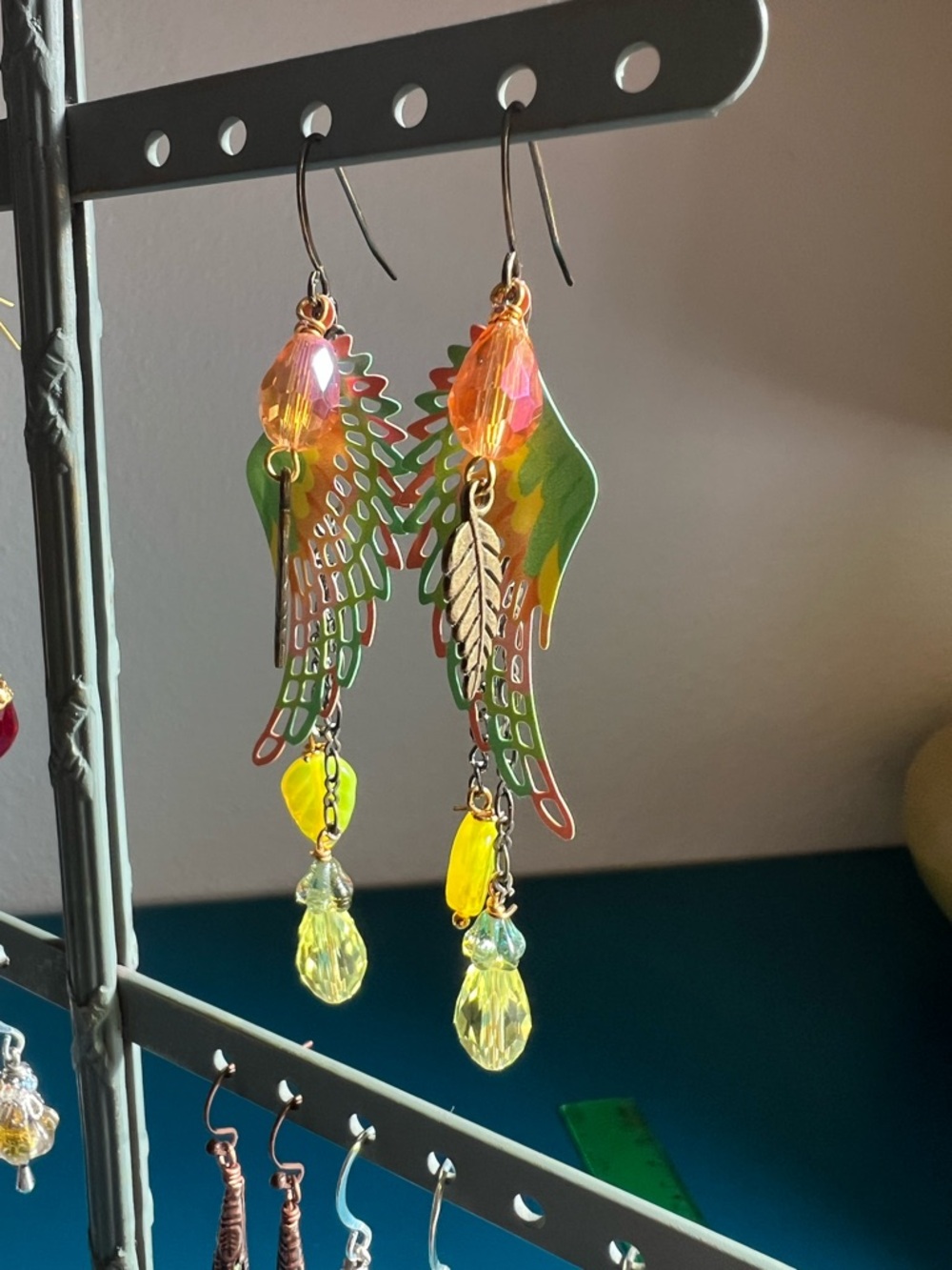 Handmade fairy wing dangle glass and crystal earrings